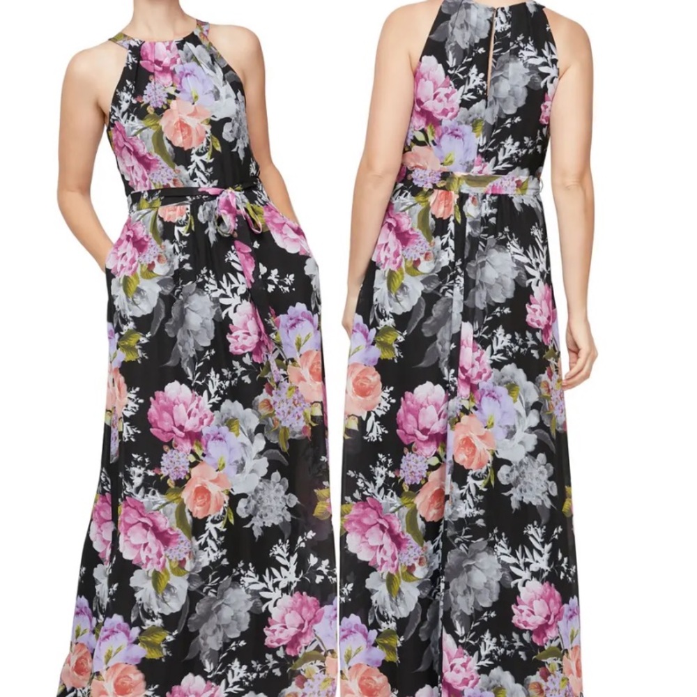 SLNY maxi floral dress, halter top, waist tie